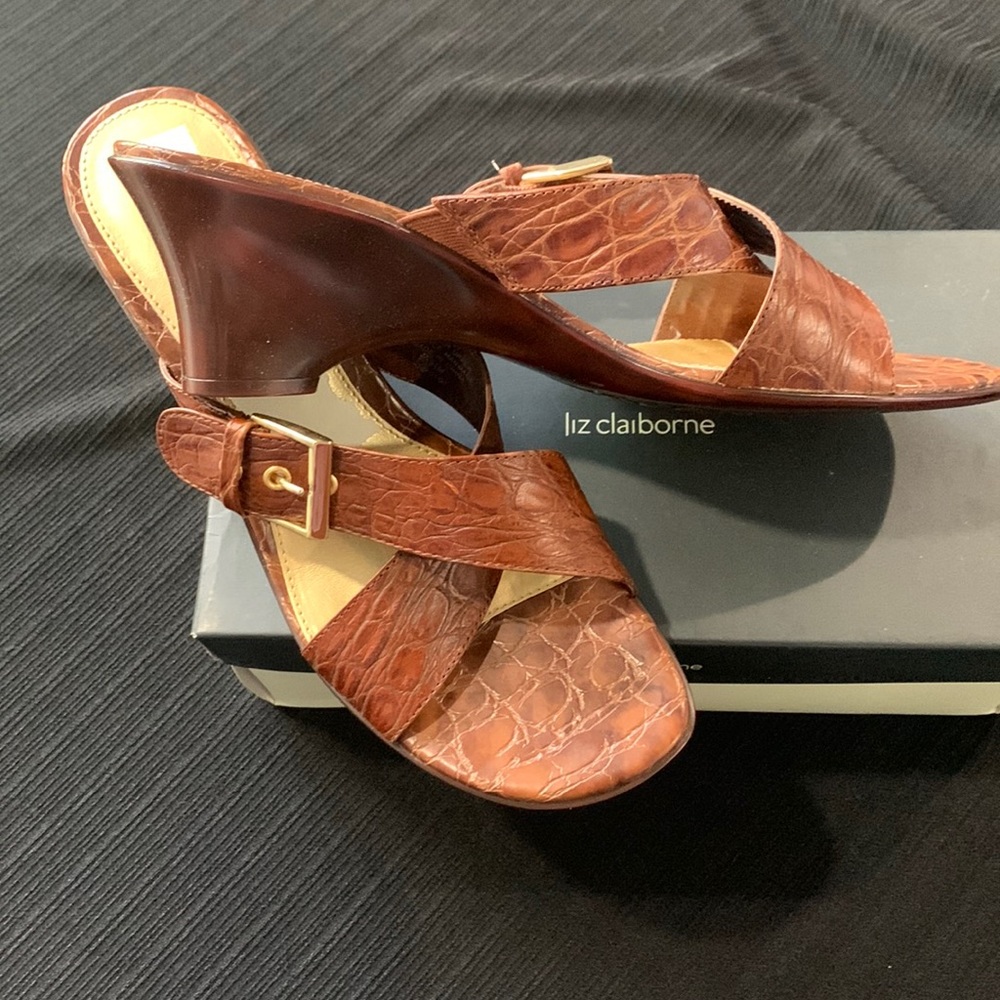 Liz Claiborne Brown Trudy Leather wedge sandals faux snakeskin print, Size 9 1/2